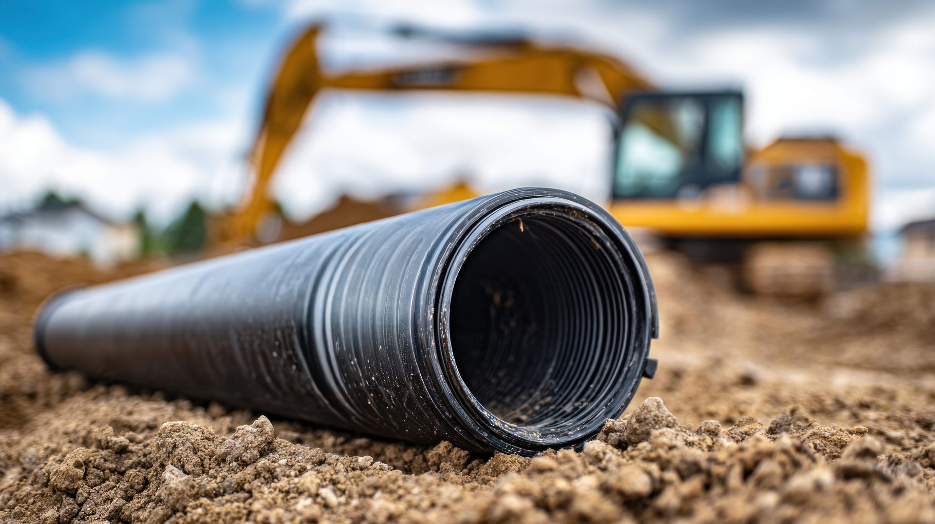 Black corrugated pipe on dirt, with a yellow excavator in the blurred background. Black corrugated pipe on dirt, with a yellow excavator in the blurred background.