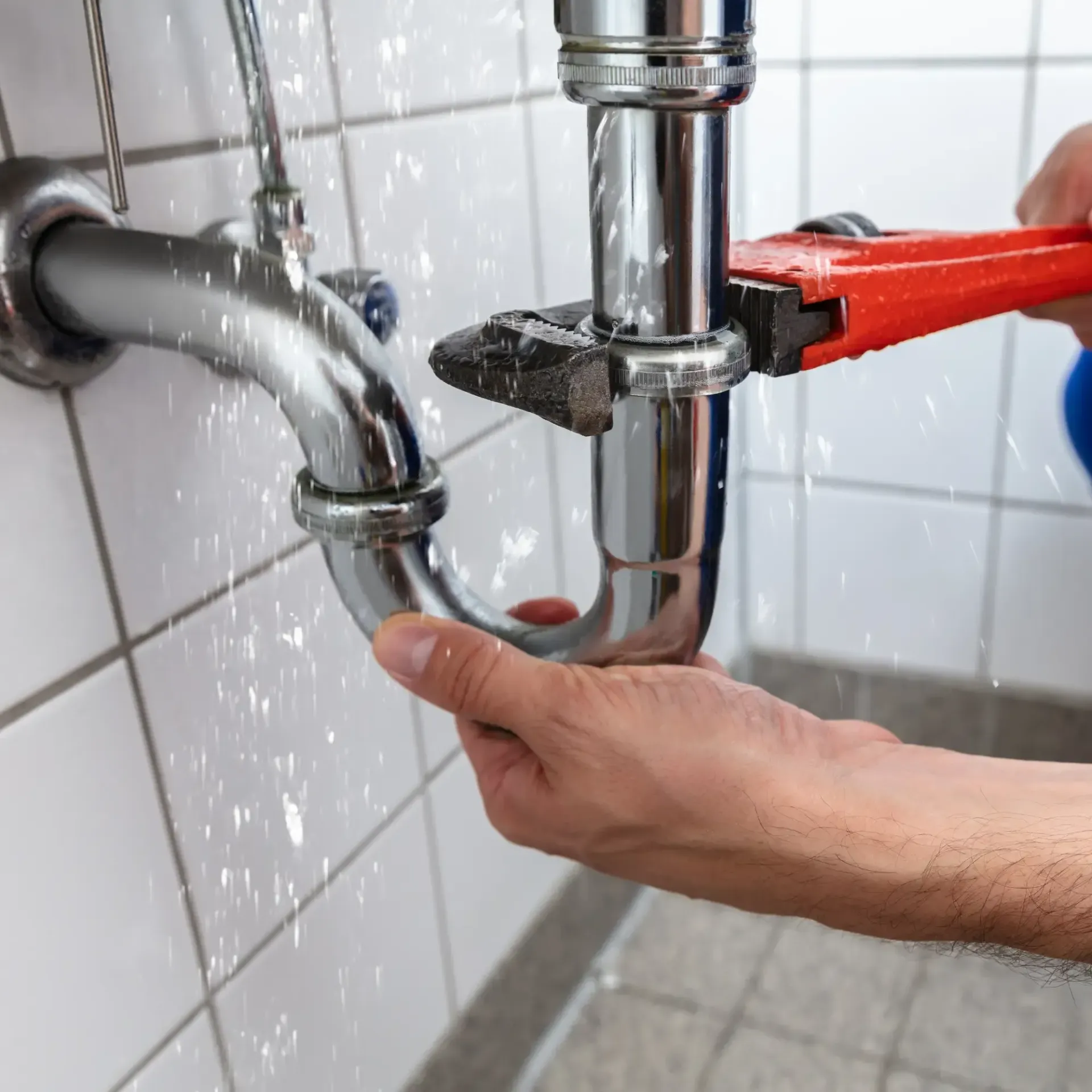 B&B Plumbing Services- A person is fixing a pipe with a wrench in a bathroom.