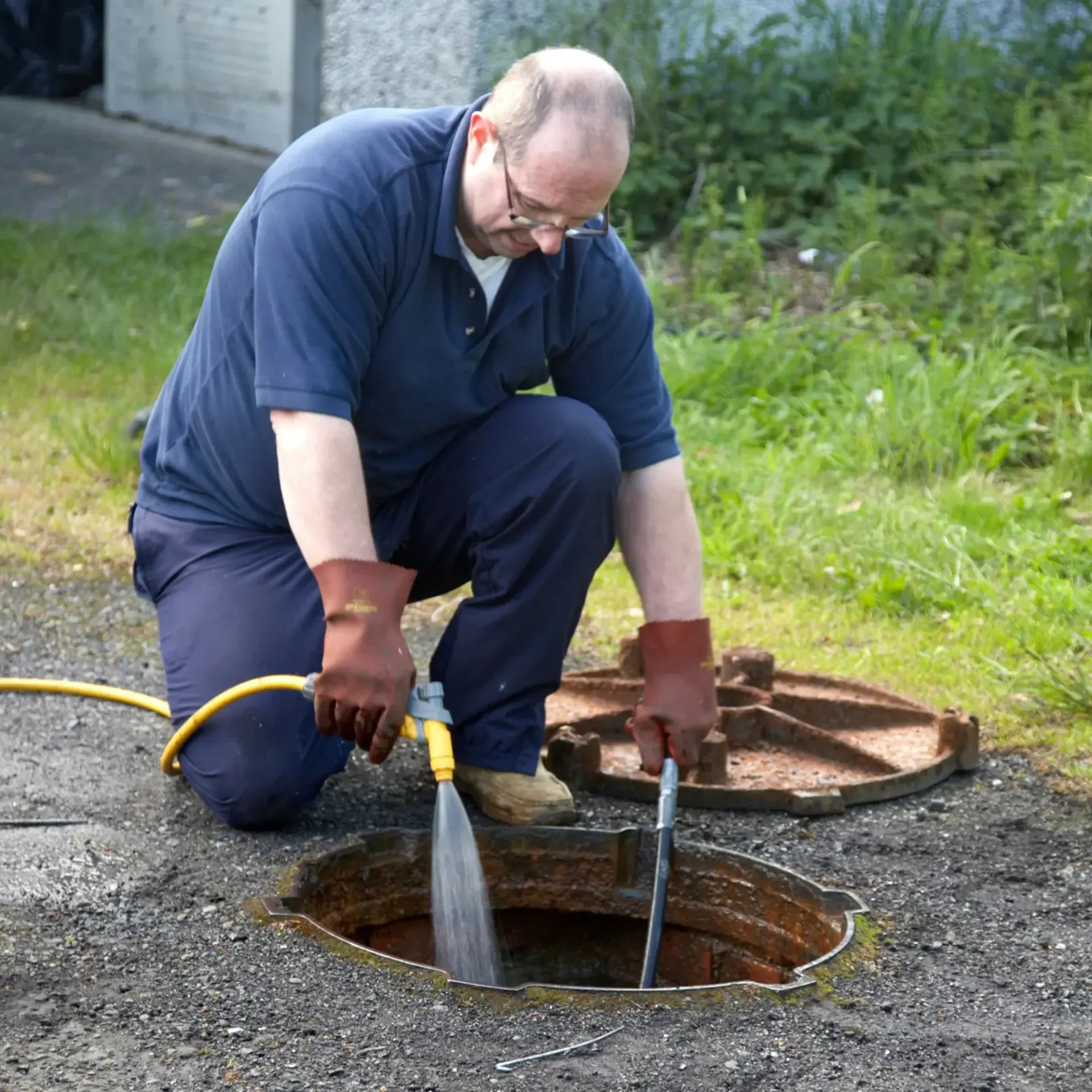 B&B Plumbing Services - A man is kneeling down in front of a manhole cover
