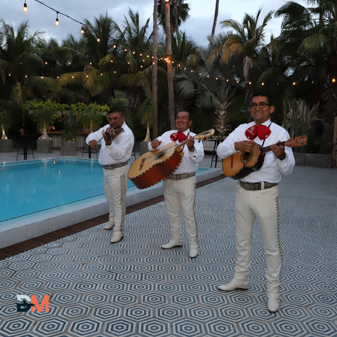 A group of men are playing instruments in front of a pool
