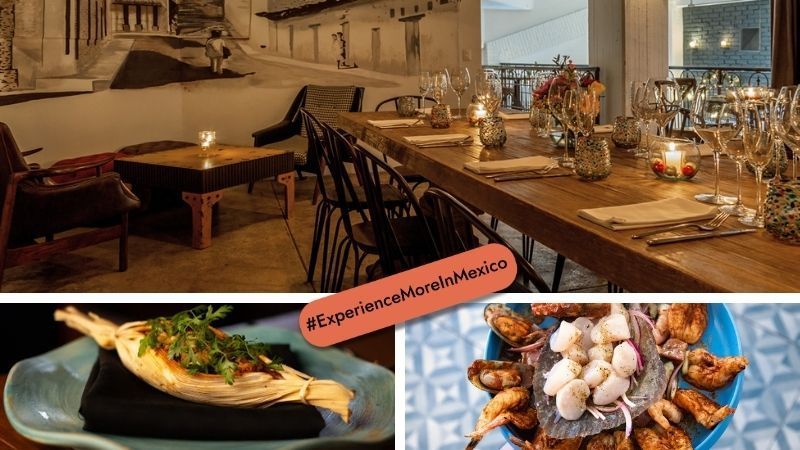 Restaurant scene collage: rooftop patio, long table setting, corn dish, platter of small bites.