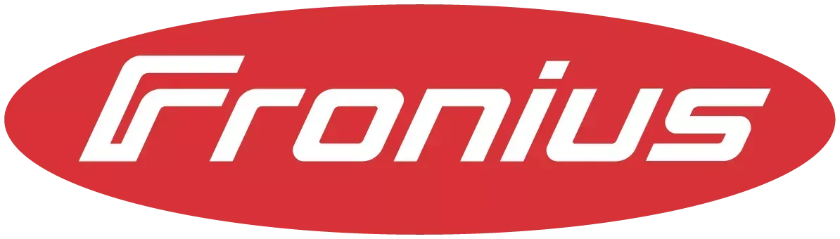 A red and white logo for a company called fronius.