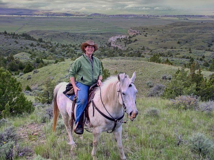 A woman is riding a white horse on top of a grassy hill.