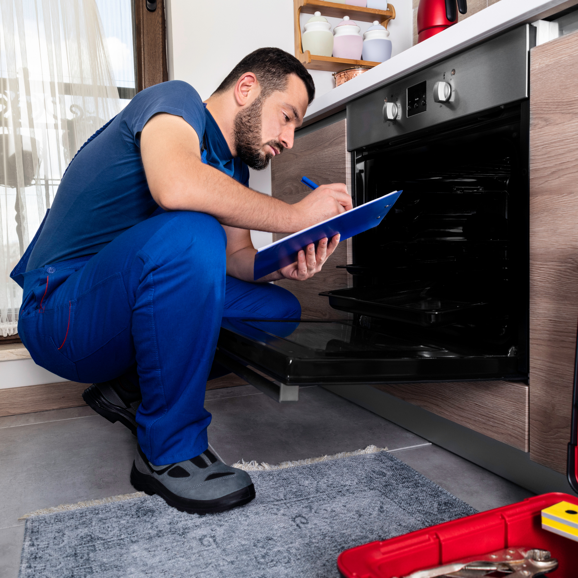 Man in blue overalls examines oven, writing on clipboard. Setting is a kitchen with toolbox nearby.