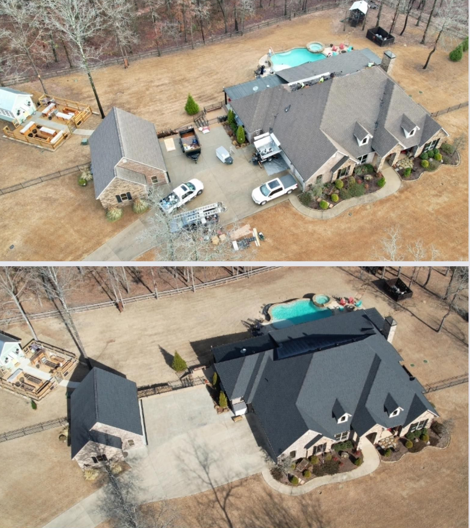 Top: Aerial view of a house and a detached garage, parked vehicles. Bottom: House and garage with dark roof.