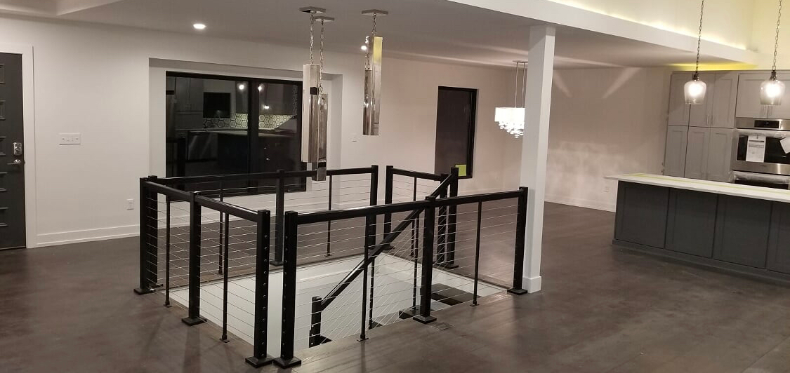 There is a staircase in the middle of the room.