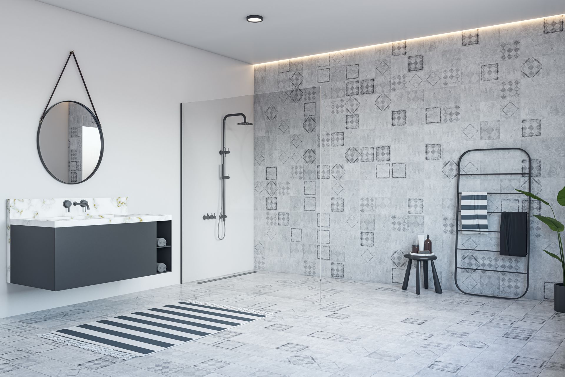 A monochrome grey bathroom with a round mirror, a marble sink and a towel holder on ceramic tiles.
