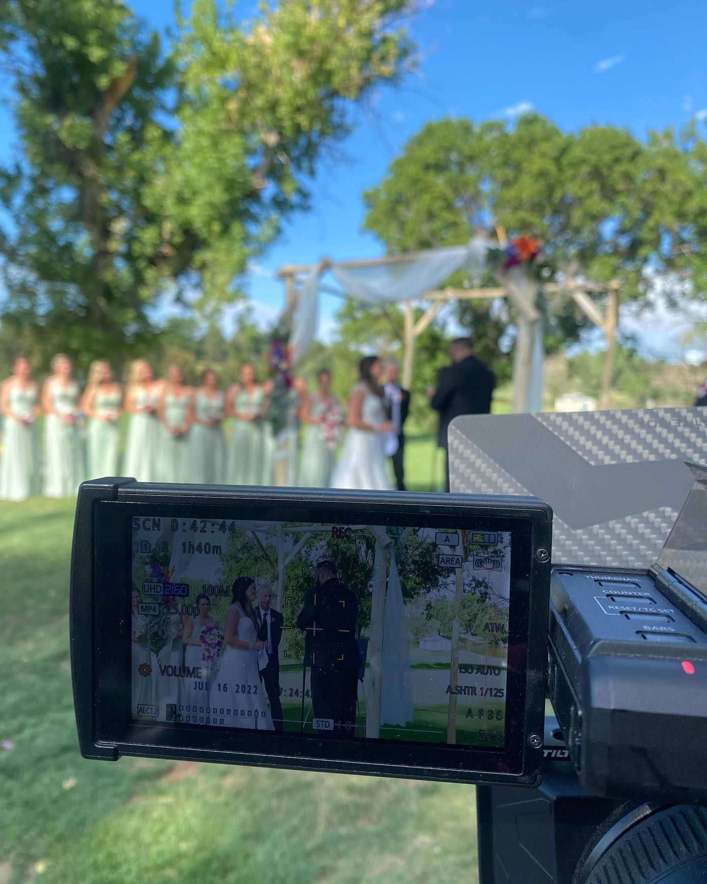 Wedding ceremony, bride and groom under arch, bridesmaids in green dresses, camera in foreground.