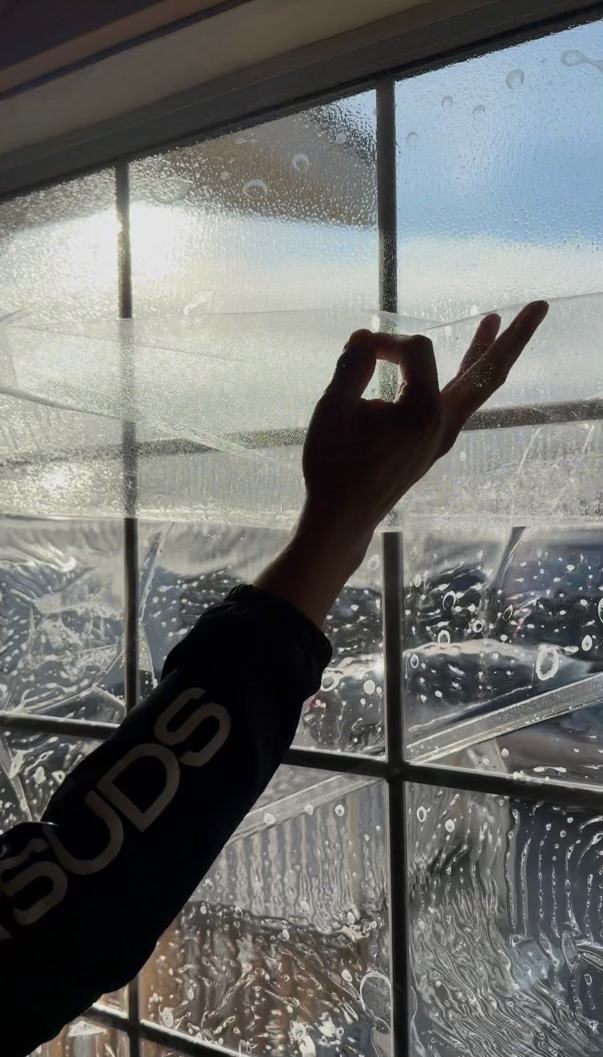 A room with a lot of windows and trees reflected in the windows.