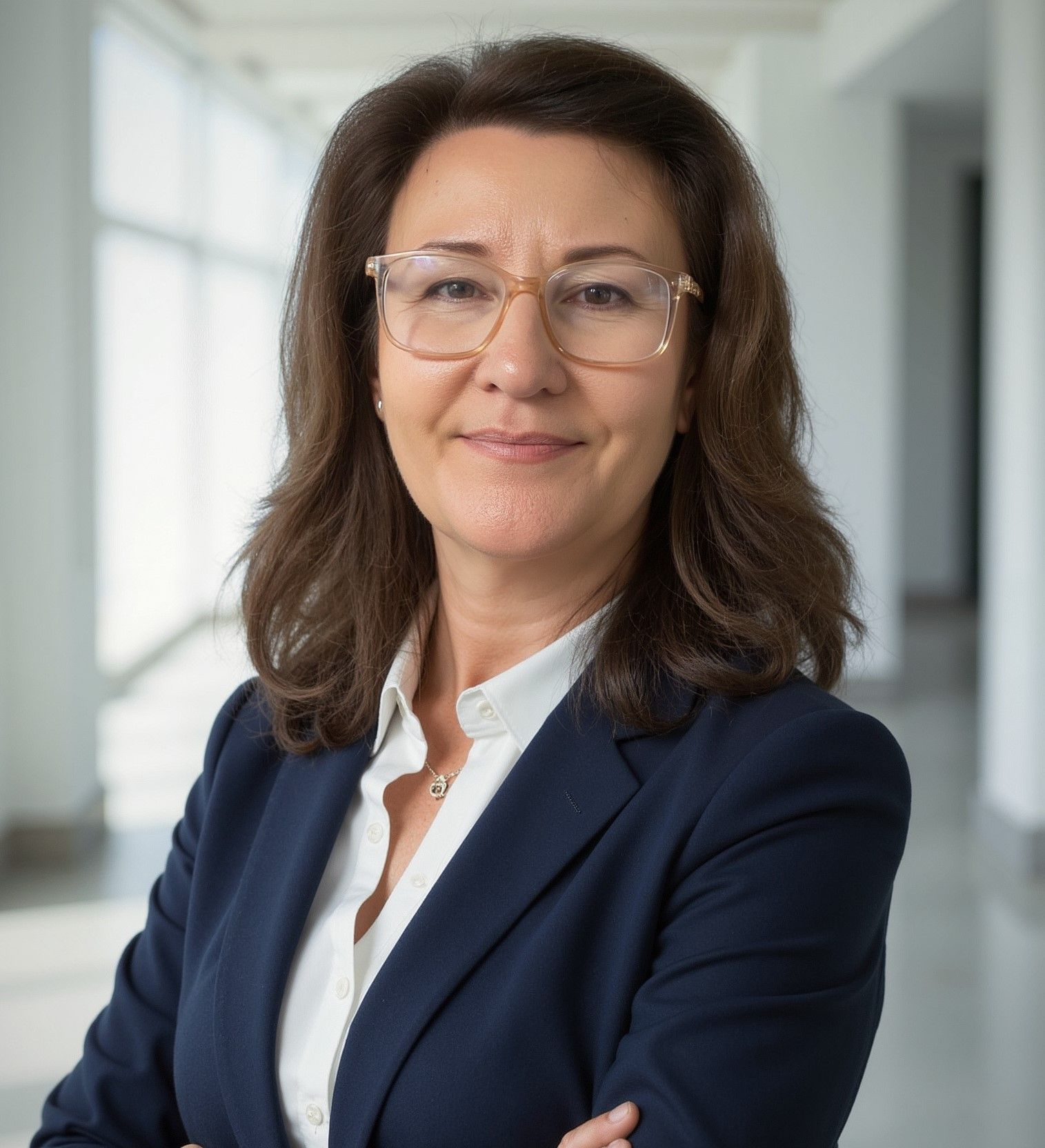 Woman in glasses and navy blazer, standing indoors, smiling.