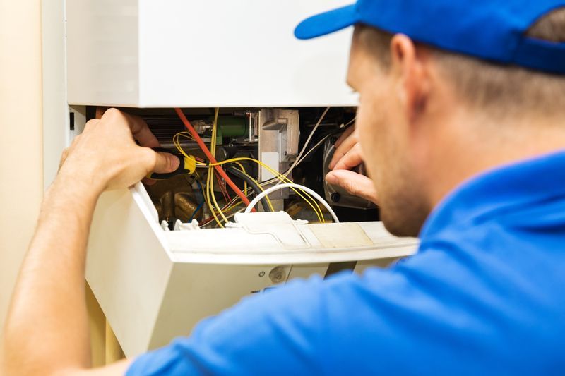 A man is fixing a boiler with a screwdriver.