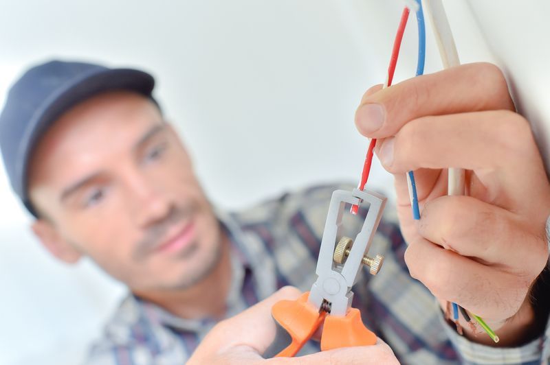 A man is holding a pair of pliers and a wire.