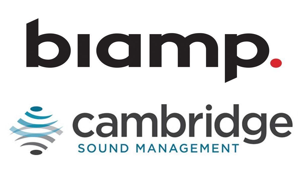 The logos for biamp and cambridge sound management are on a white background.