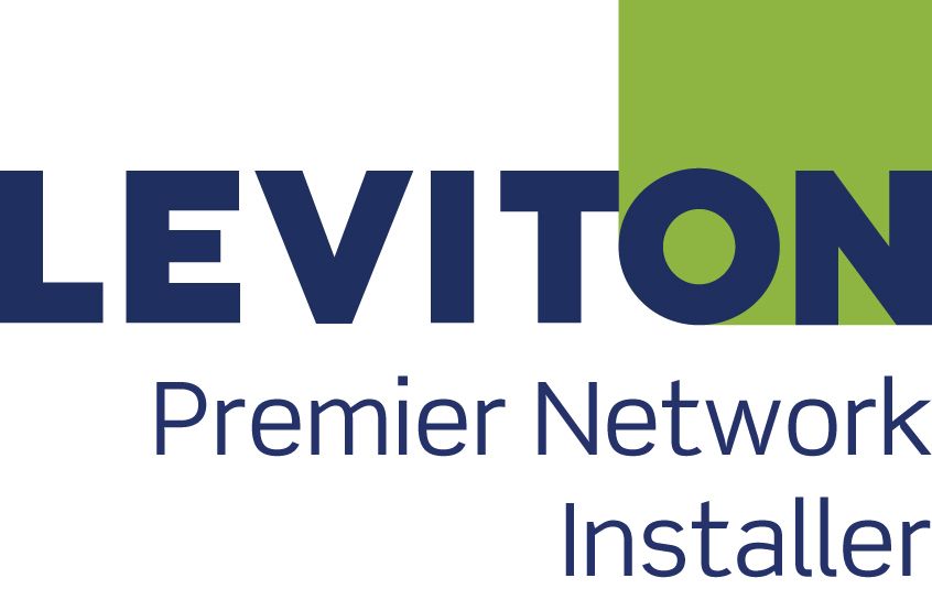 The logo for leviton premier network installer is blue and green.