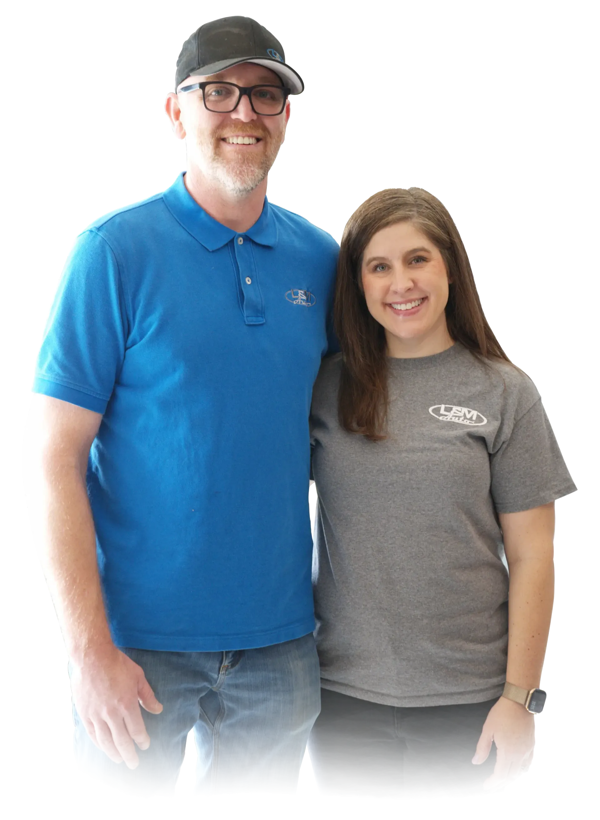 A man and a woman are standing next to each other on a white background.