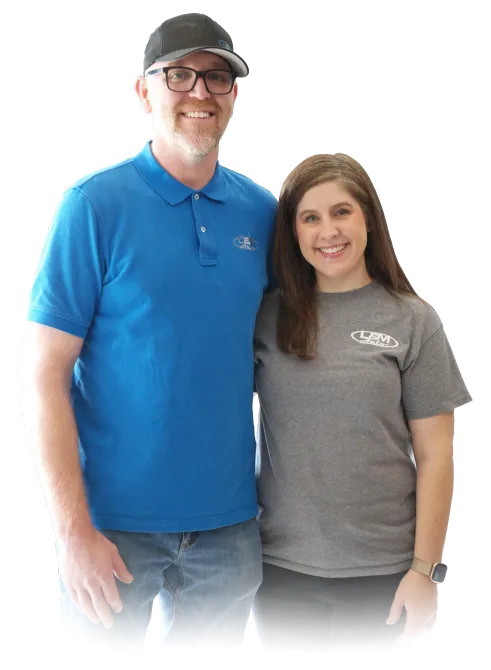 A man and a woman are standing next to each other on a white background.