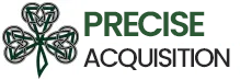 Logo for "PRECISE ACQUISITION" featuring a dark green Celtic knotwork shamrock icon next to the company name in green.