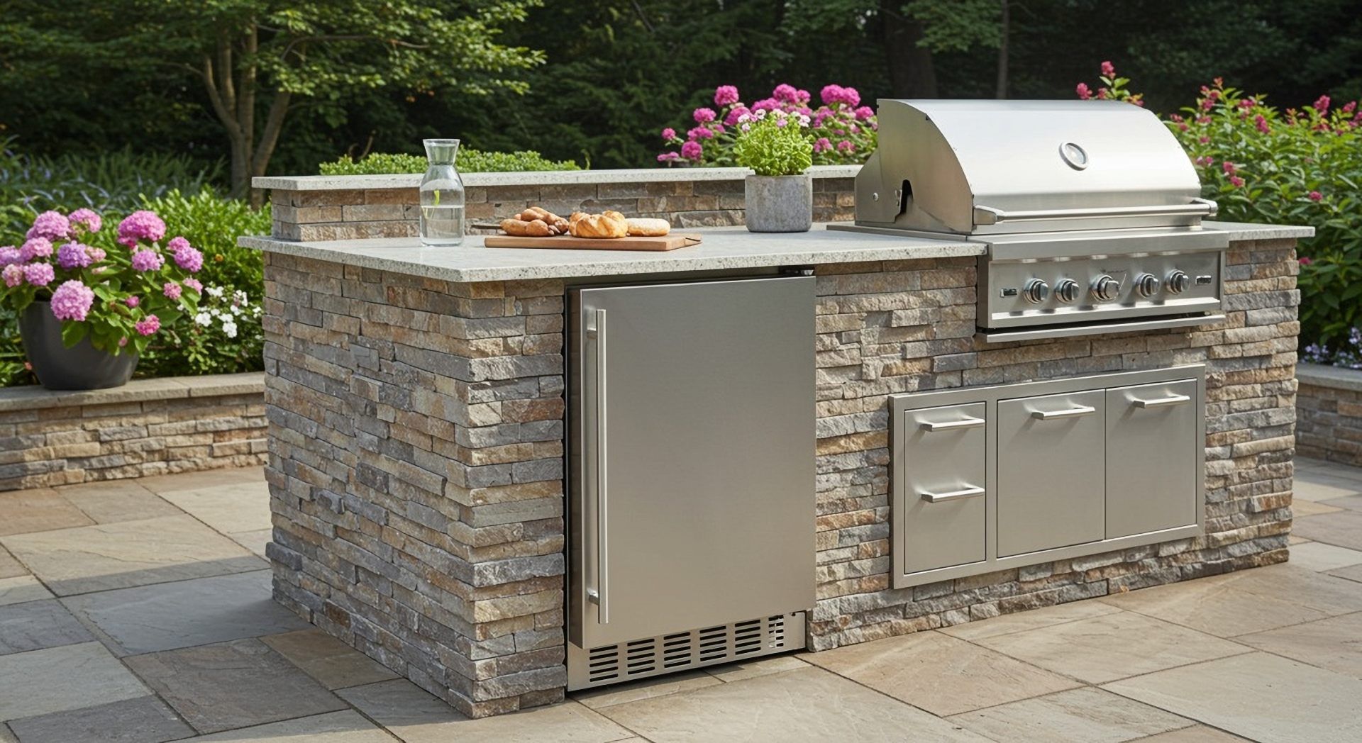 A stone outdoor kitchen island with a stainless steel grill, mini-fridge, and cabinets on a patio with flowers nearby.
