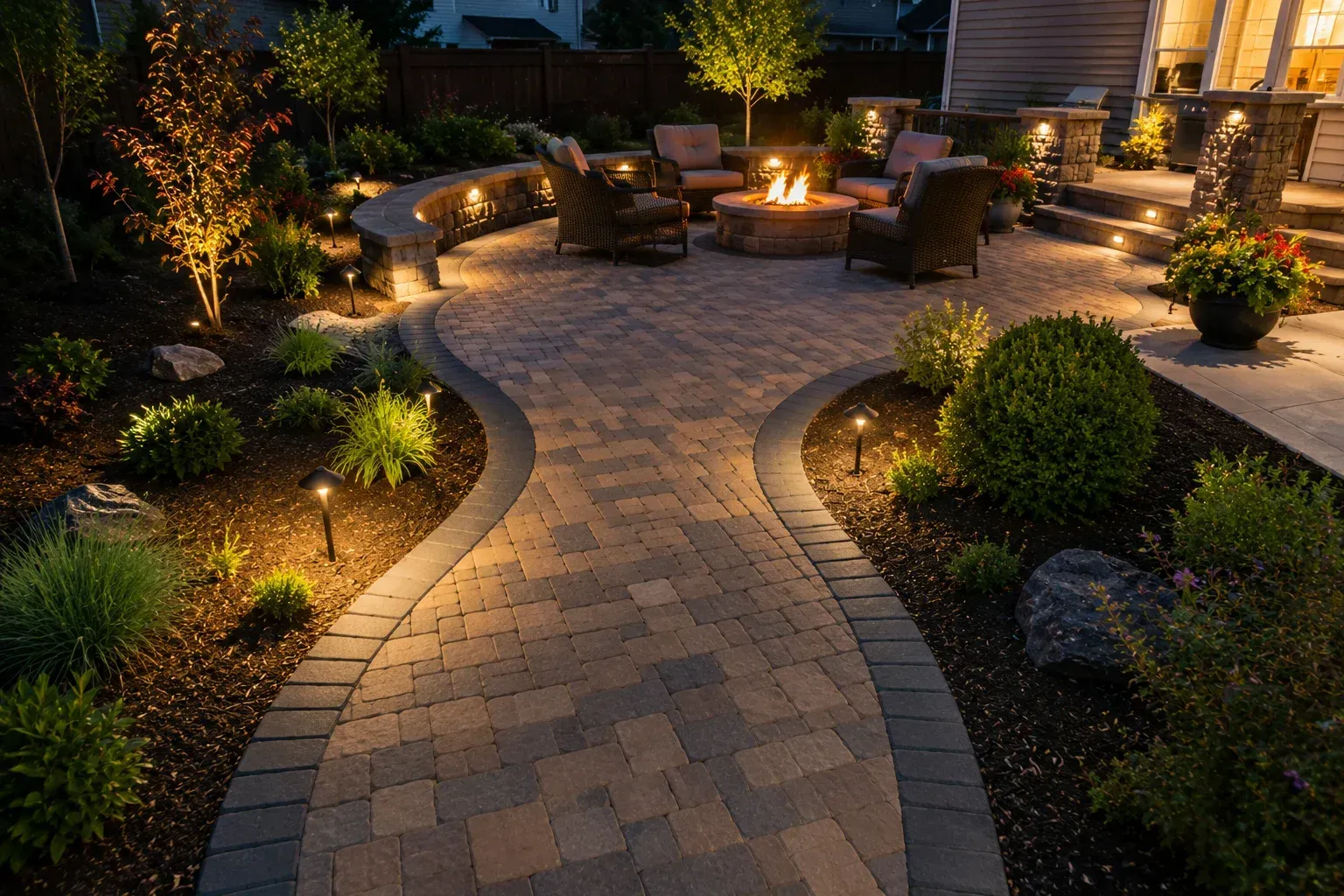 A professionally designed backyard featuring a paver patio with a stone fire pit, built-in seat walls, and ambient low-voltage outdoor lighting, showcasing modern walkway patio design ideas for homes.