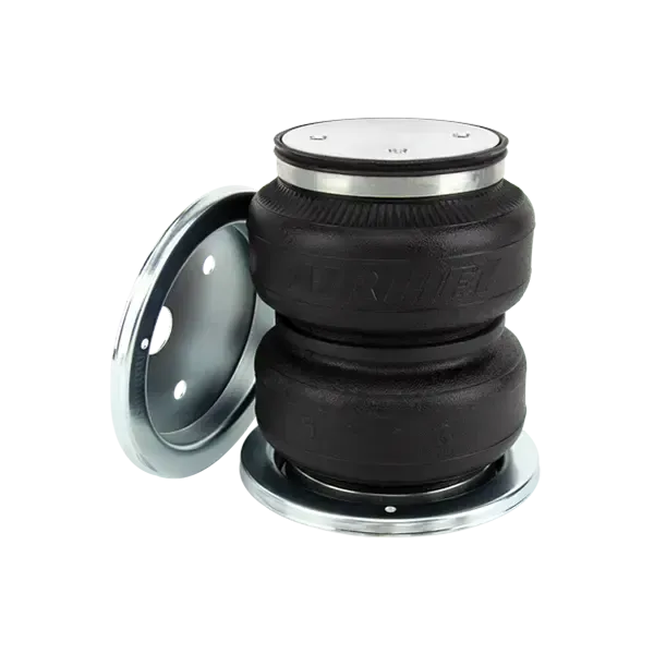 Black air spring with metal mounting plates, likely for vehicle suspension.