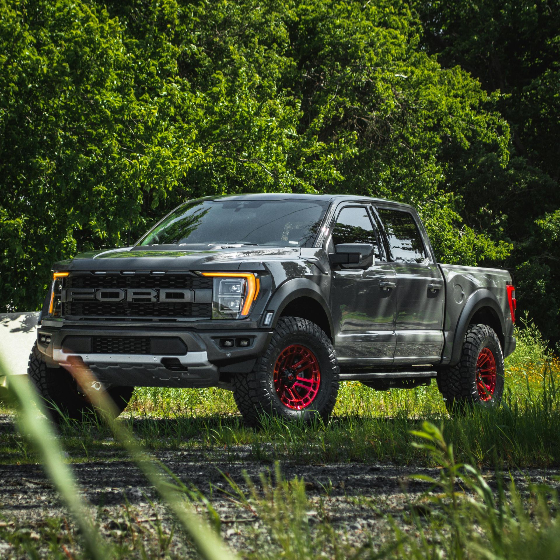 Dark gray Ford Raptor truck with red rims parked on a dirt road surrounded by greenery.