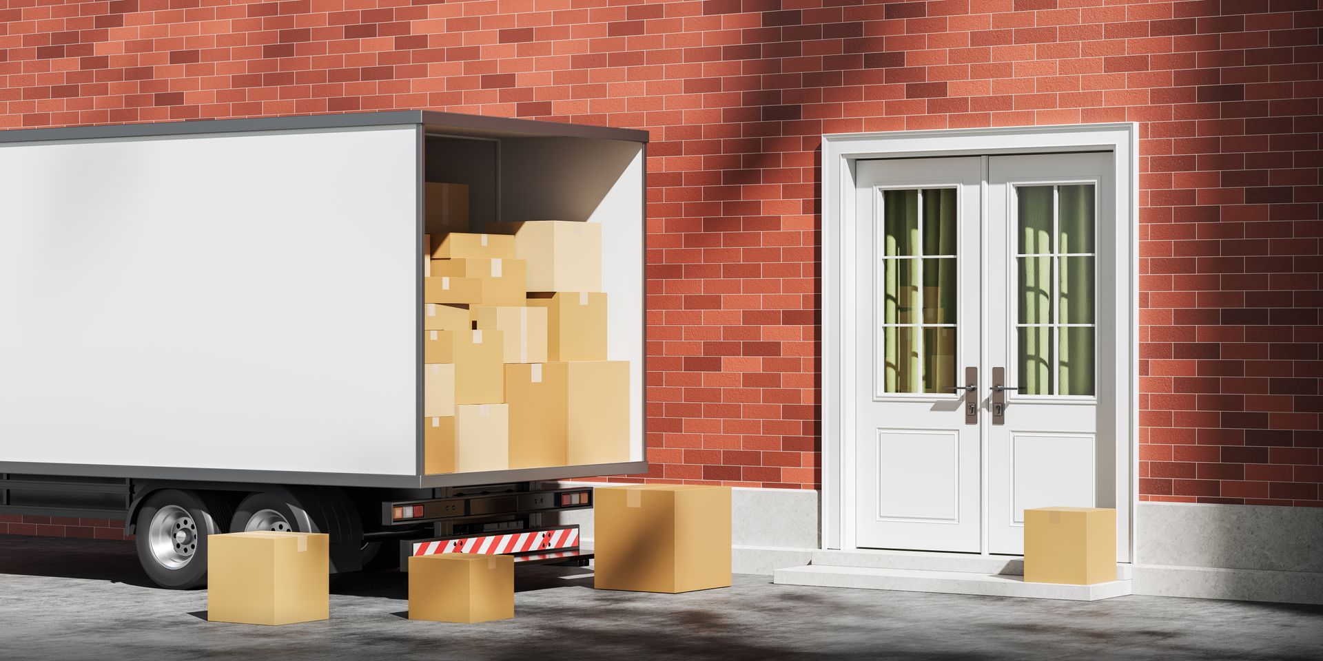 Open moving truck with boxes outside a brick house next to white double doors.