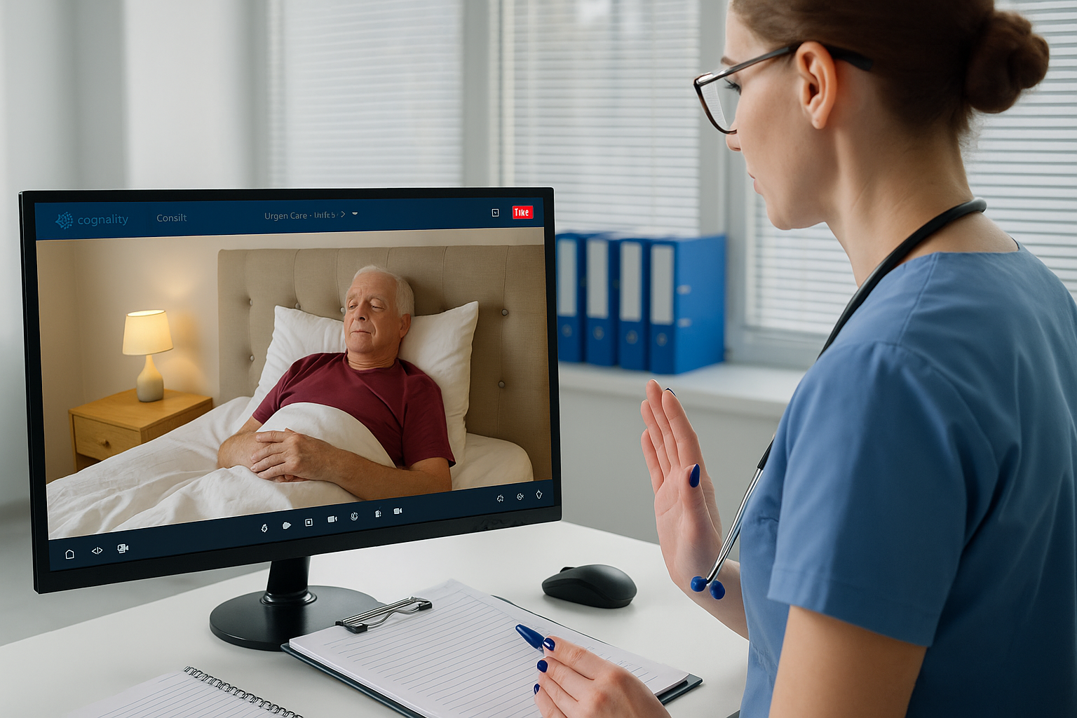 Nurse providing remote monitoring for elderly patient at home