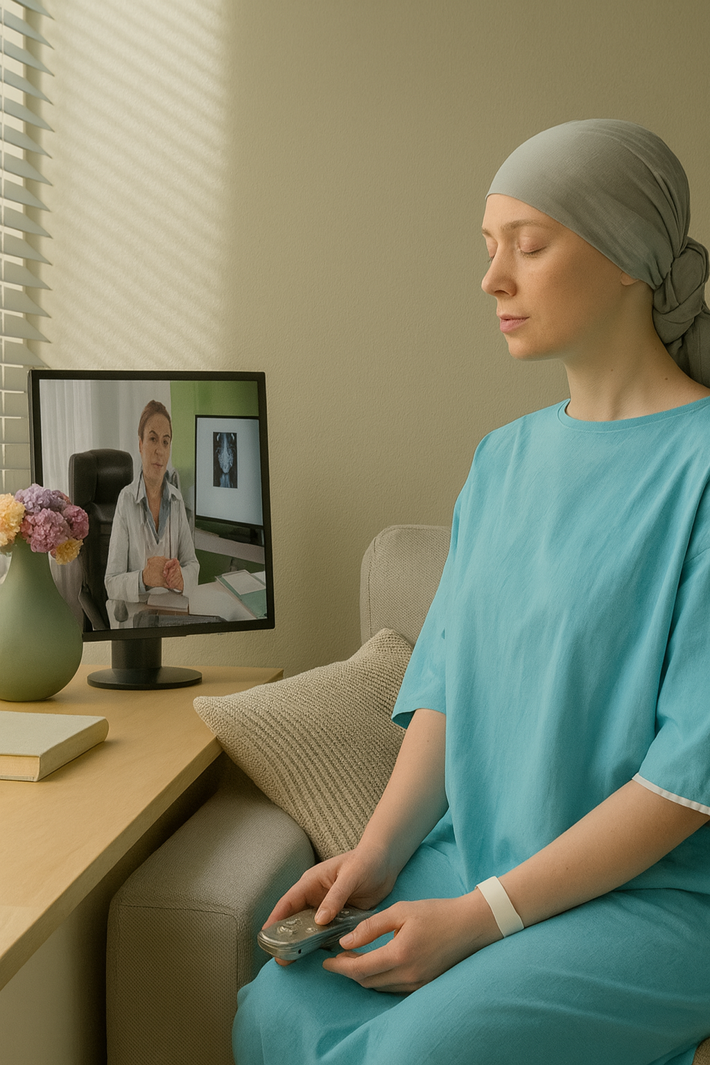 Patient in virtual consultation with remote caregiver for ongoing support