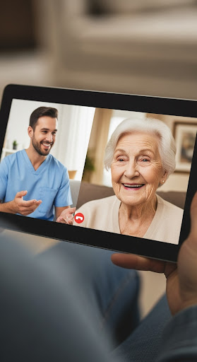 Senior woman smiling during a remote caregiver video call