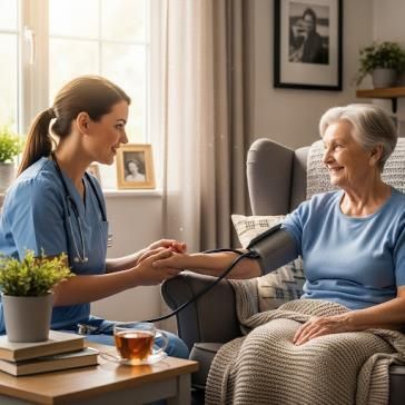 Nurse taking an elderly woman's blood pressure in a cozy living room. The woman smiles while sitting in a chair.