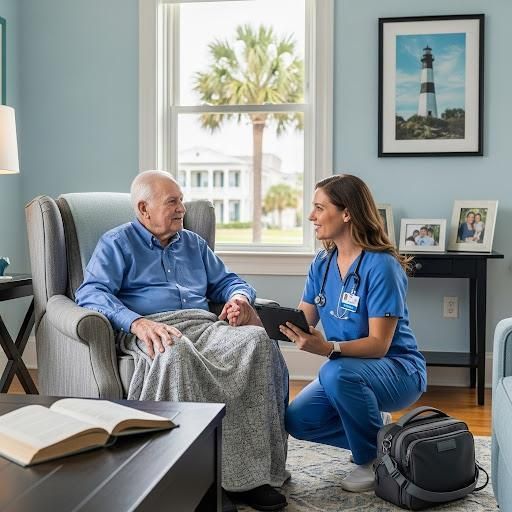A nurse in blue scrubs kneels, talking to an elderly man in a blue shirt, in his home. The man sits in a chair, holding the nurse's hand.
