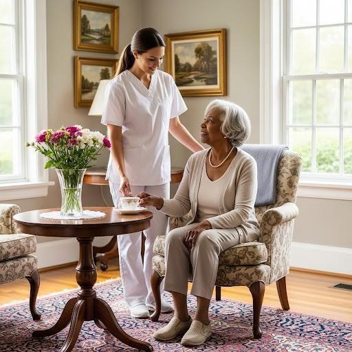 A healthcare worker serves tea to an elderly Black woman in a cozy living room. They both smile.