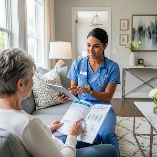 A healthcare worker in blue scrubs reviews paperwork with a seated older woman in a home setting; both are smiling.