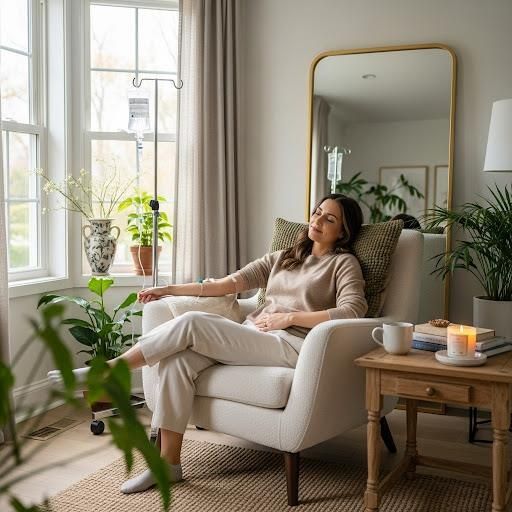 Woman relaxing in an armchair, receiving IV treatment in a bright room with plants and a mirror.