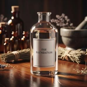 A clear glass bottle labeled