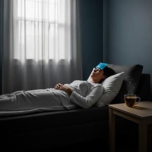 A person lies on a daybed in a dimly lit room, with a cold pack on their forehead. A cup of tea rests on a side table.