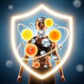 Woman standing inside a glowing shield with vitamin C and zinc symbols, representing immune support.