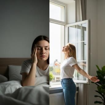 Woman with a headache in bed contrasted with a woman energized by sunlight near an open window, depicting depression vs. well-being.