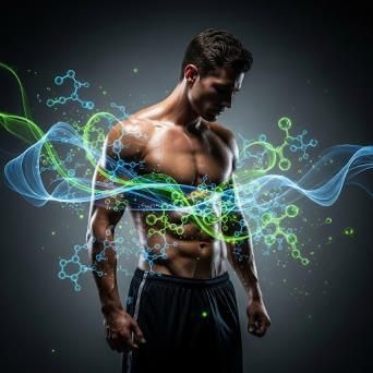 Muscular man with glowing blue and green molecular structures overlaid, on a dark background. He is looking down, suggesting introspection.