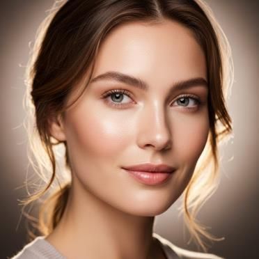 Woman with light skin, brown hair pulled back, soft makeup, and a gentle smile. Neutral background.