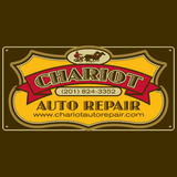 Logo for Chariot Auto Repair: golden design with chariot graphic, burgundy banner with text, and website address.