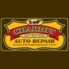 Logo for Chariot Auto Repair: golden design with chariot graphic, burgundy banner with text, and website address.