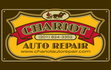 Logo for Chariot Auto Repair: golden design with chariot graphic, burgundy banner with text, and website address.