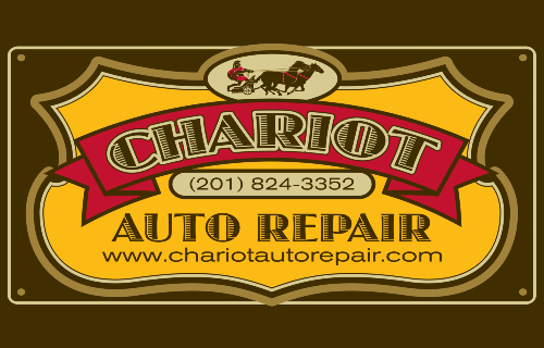 Logo for Chariot Auto Repair: golden design with chariot graphic, burgundy banner with text, and website address.