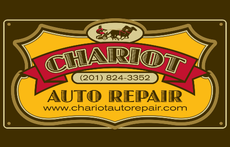 Logo for Chariot Auto Repair: golden design with chariot graphic, burgundy banner with text, and website address.