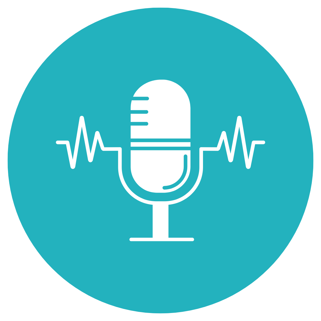 A microphone with a heartbeat coming out of it in a blue circle.