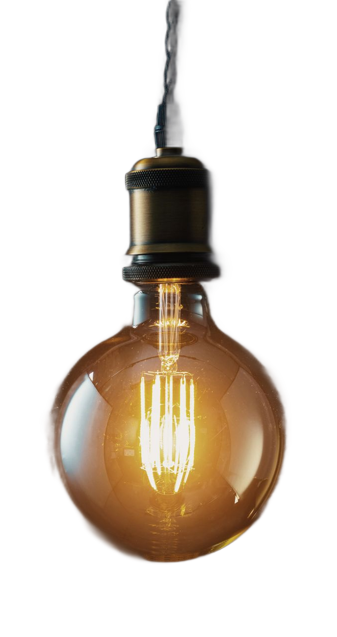 Antique-style, glowing light bulb hanging from a dark cord and fixture. The bulb is round and amber.