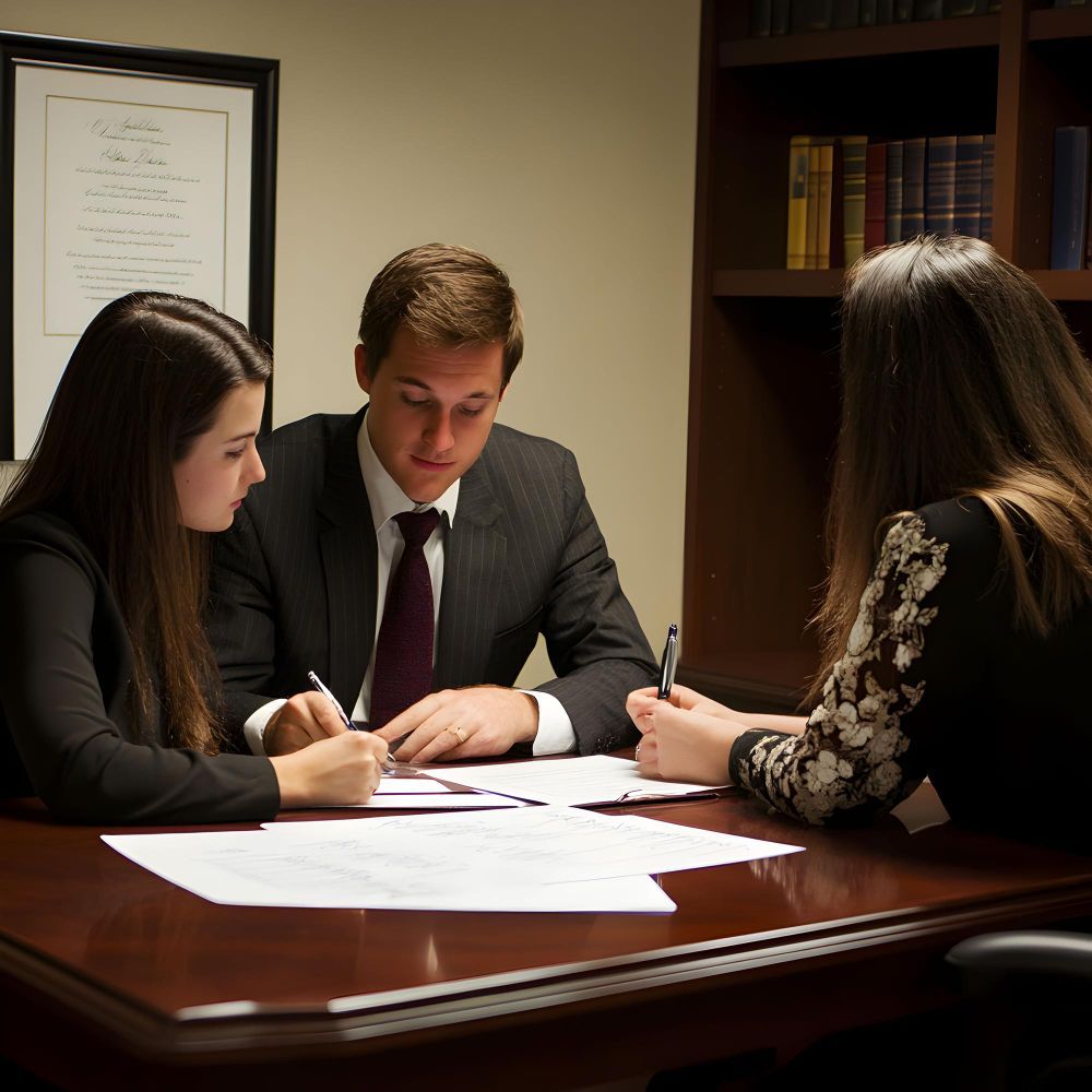 Three people reviewing documents at a table. Man in suit points, two women write.