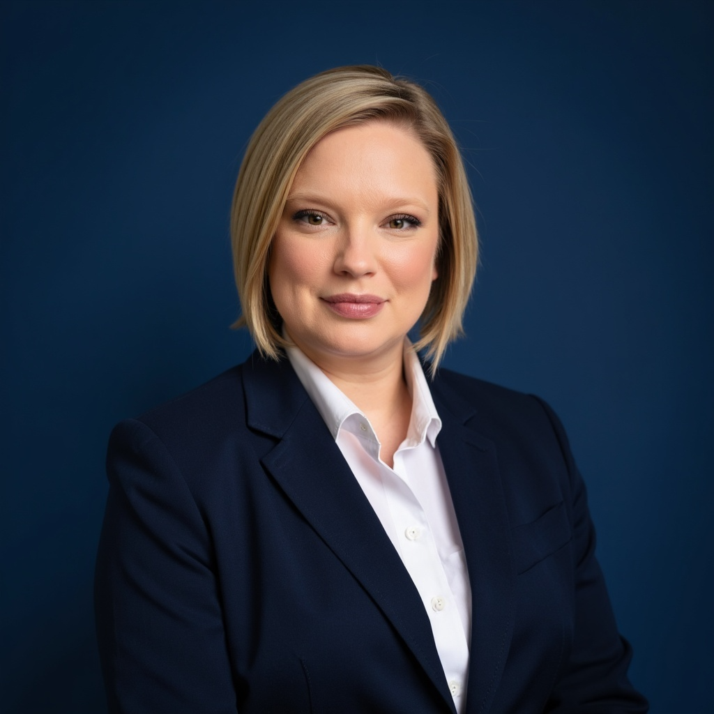 Woman with blonde hair, wearing a white shirt and navy blazer against a blue backdrop, smiling.