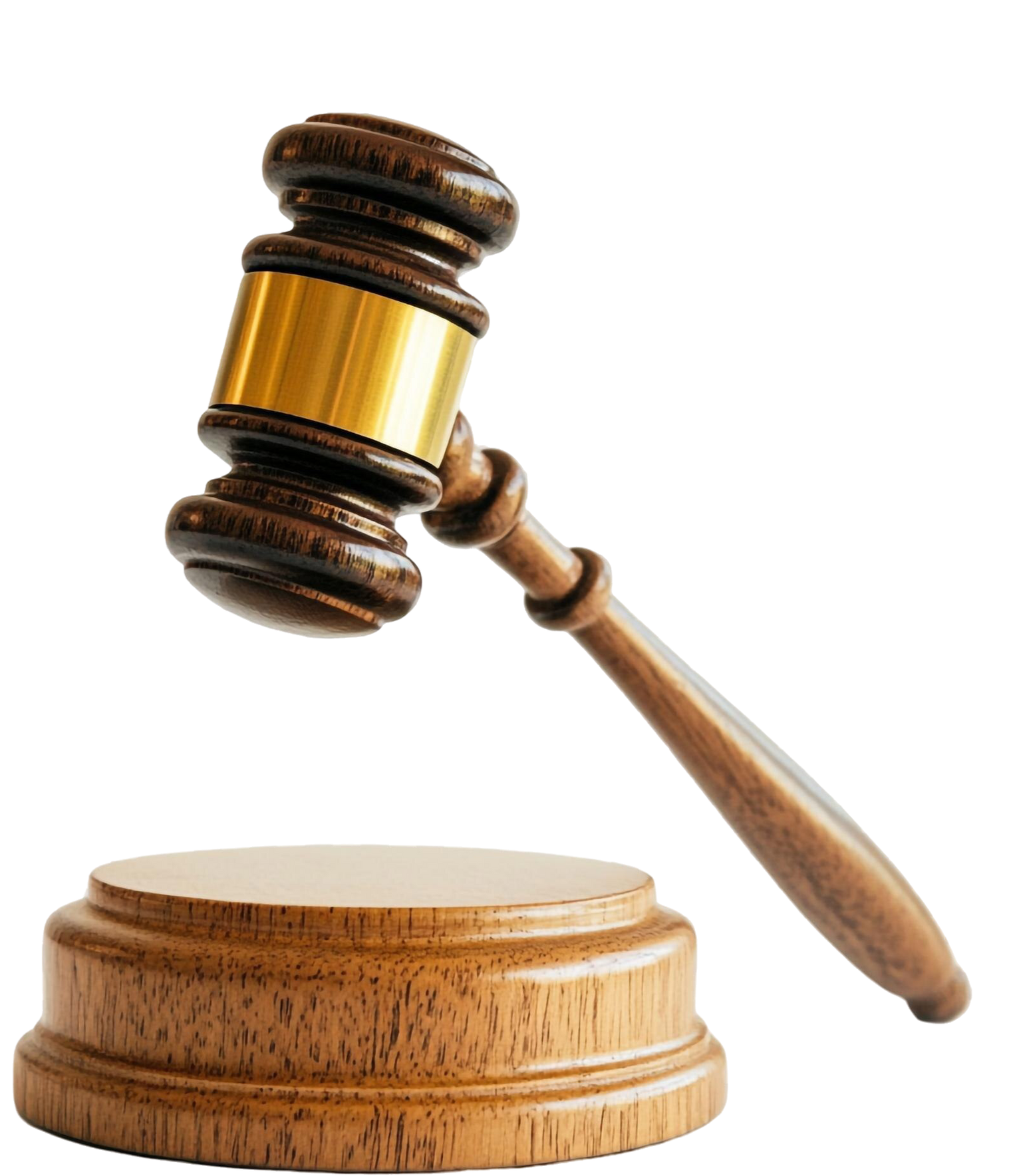 Wooden gavel about to strike a round wooden block, against a white background.